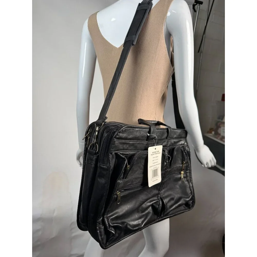 Monarch Black Leather Look Business Briefcase With Multiple Zippered Pockets & A